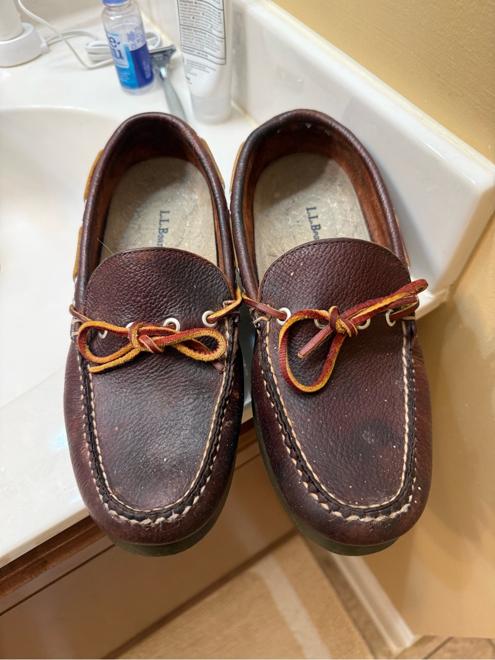 L.L. Bean Brown Leather Moccasin Boat Shoes with Red and Yellow Laces